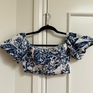 Abercrombie Floral Puff Sleeve Top - Blue and White